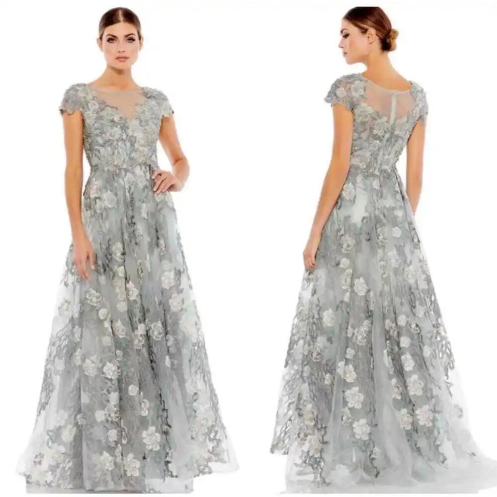Mac Duggal NWT Seamist Green / Gray Floral Embroidered Maxi Gown 20294 - Picture 2 of 16